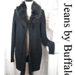 I Jeans By Buffalo Black Cardigan Sweater Faux Fur Collar Size Small NWT $85